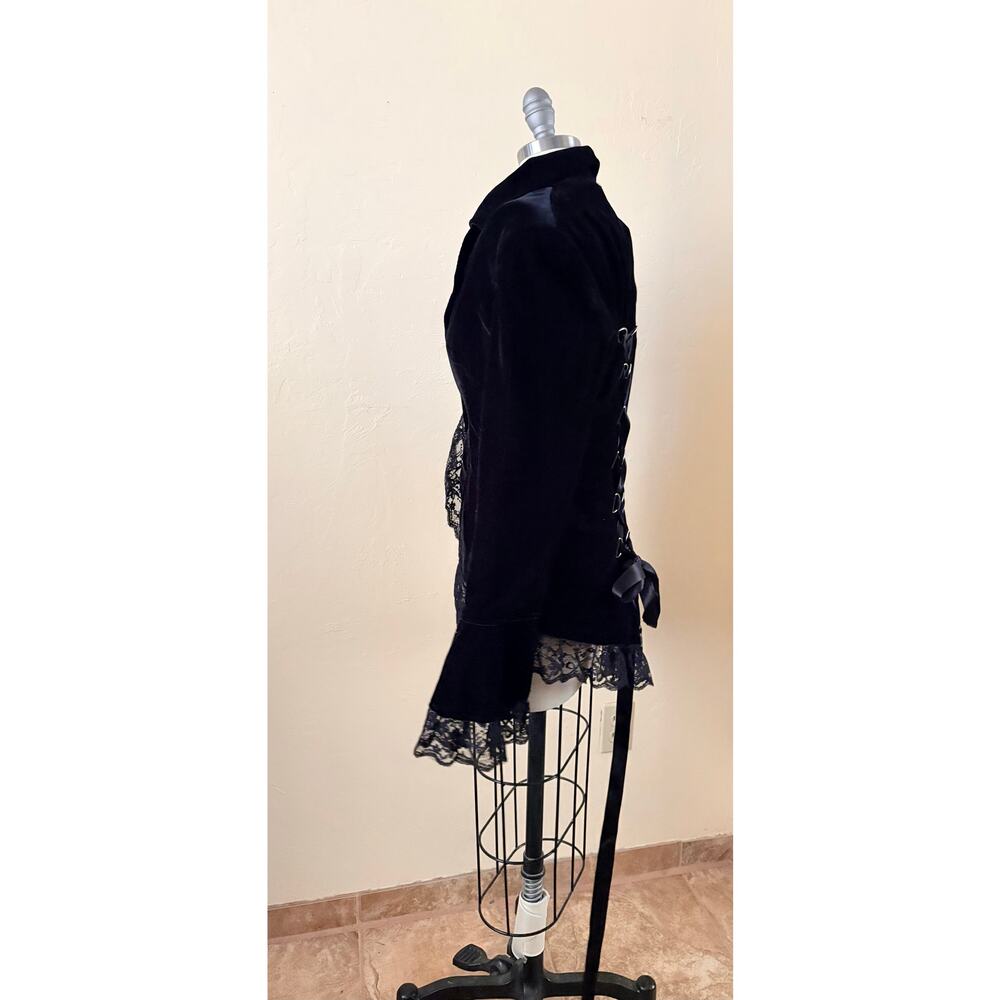 Chic Star Black Velvet Lace Trim Corset Back Whimsy Gothic Blazer Jacket M - Picture 6 of 10